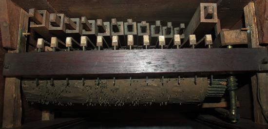 An early 19th century mahogany barrel organ, 12.5in.